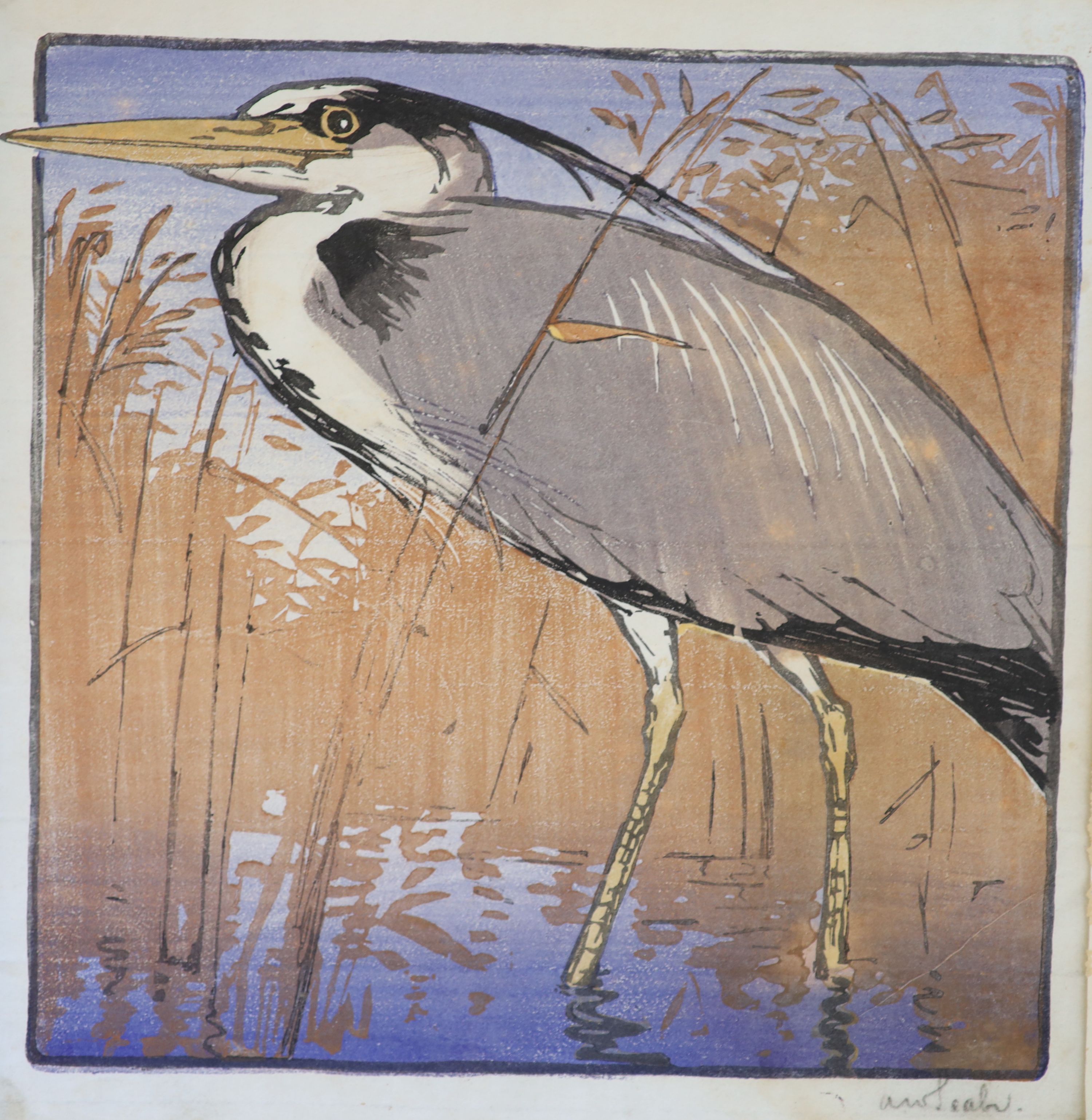 Allen William Seaby (1867-1953), Lapwing & Heron, Woodcut in colours (2), 22 x 22 cm. unframed.